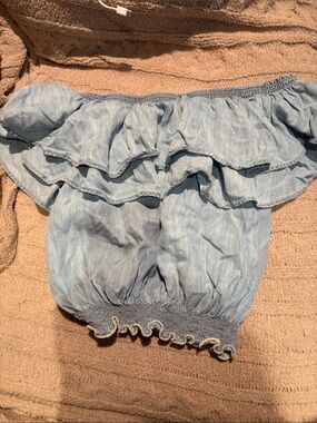 Sneak Peek Light Blue Off-Shoulder Ruffle Denim Crop Top
